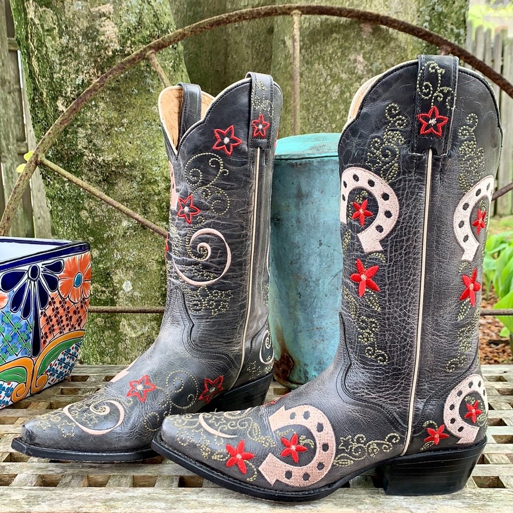 JB Dillon J.B. Dillon Near-NEW Lucky Horseshoe Cowgirl Cowboy Western Boots 7.5 - Picture 3 of 9